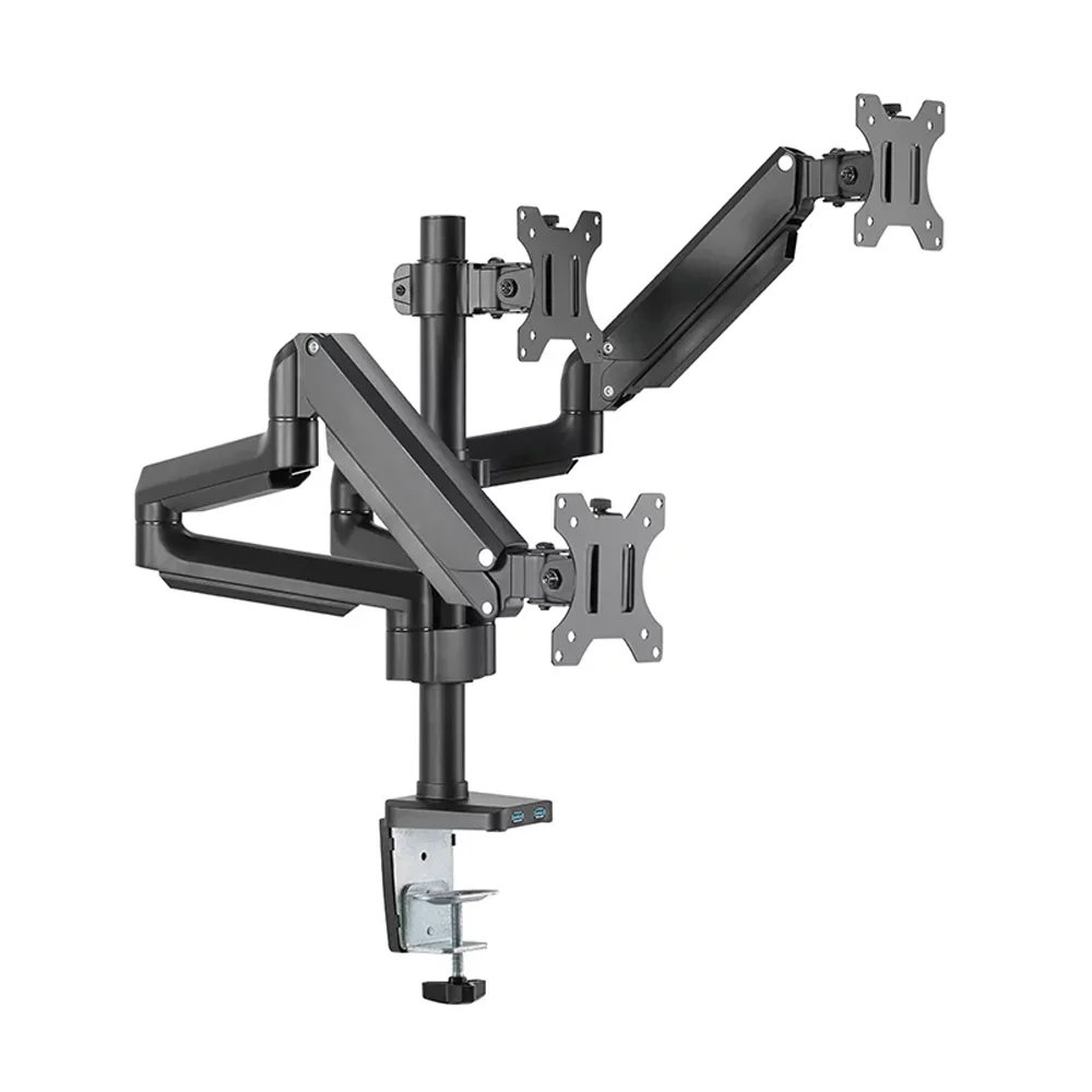 Triple Monitor Pole-Mounted Thin Gas Spring Monitor Arm With USB Ports